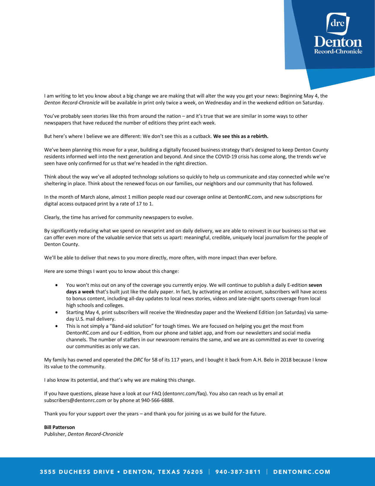 A Letter from the Denton Record-Chronicle Publisher